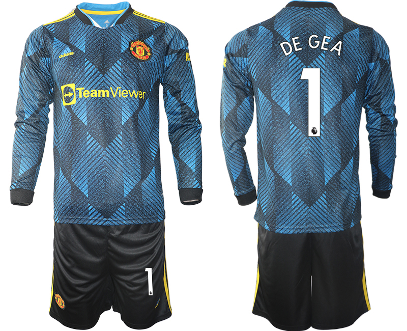 Men 2021-2022 Club Manchester united second away blue Long Sleeve #1 Soccer Jersey->manchester united jersey->Soccer Club Jersey